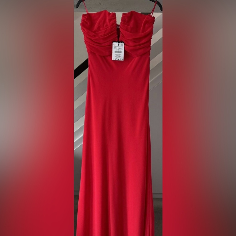 ZARA RED RUCHED STRAPLESS DRESS - Picture 16 of 16